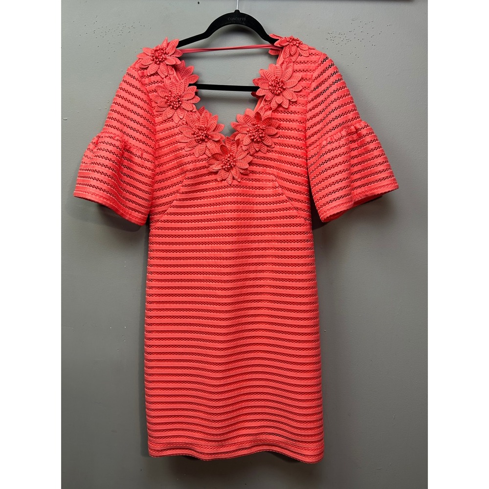 Nanette Lepore Dress Womens 6 Coral Pink Floral Applique Striped Eyelet 3D Party